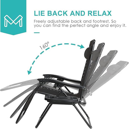 TLSUNNY Zero Gravity Chair Set of 2, Outdoor Folding Lounge W/Detachable Headrest & Holder Tray, Adjustable Textilene Lawn Reclining, No Assembly Required, for Patio, Garden, 330LBS (2, Black)