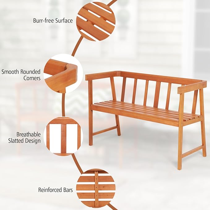 HAPPYGRILL Outdoor Wood Bench 2-Person Patio Wooden Bench with Ergonomic Backrest & Armrests, All-Weather Eucalyptus Wood Frame, Loveseat Outside Bench for Garden Balcony Poolside Porch Deck