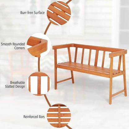 HAPPYGRILL Outdoor Wood Bench 2-Person Patio Wooden Bench with Ergonomic Backrest & Armrests, All-Weather Eucalyptus Wood Frame, Loveseat Outside Bench for Garden Balcony Poolside Porch Deck