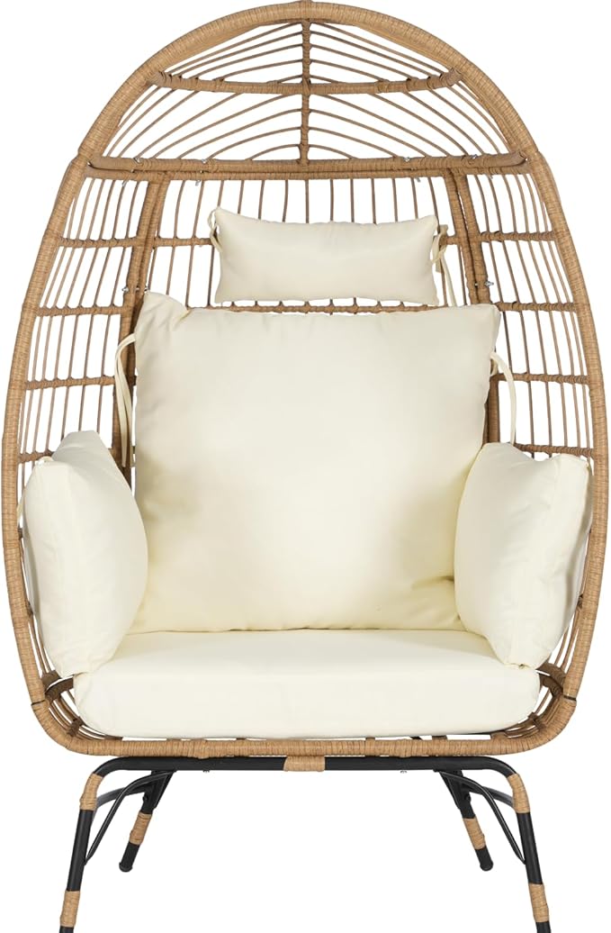 Oversized Wicker Egg Chair with Ottoman, Rattan Patio Egg Chair with Stand and Thick Cushions, Indoor Outdoor Lounge Chair for Backyard, Balcony, Living Room, Beige＋Ottoman