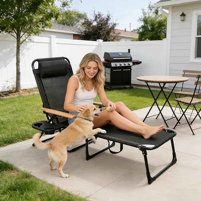 Folding Outdoor Chaise Lounge Chair with Arms, 4 Reclining Back Sunbathing Lounge Chair, Sun Tanning Chairs for Outside Portable with Cup Holders for Beach Patio Camping Poolside Yard (Black)