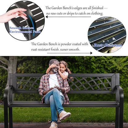 400 lbs Garden Bench, Outdoor Bench with Cast Iron Frame Metal Bench with Black Checkered Design Park Bench Furniture Bench Chair for Garden Patio Front Porch Lawn Balcony Entryway Backyard, Black