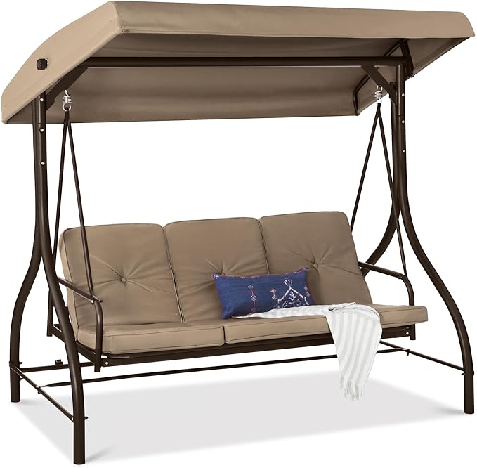 Best Choice Products 3-Seat Outdoor Large Converting Canopy Swing Glider, Patio Hammock Lounge Chair for Porch, Backyard w/Flatbed, Adjustable Shade, Removable Cushions - Desert Taupe