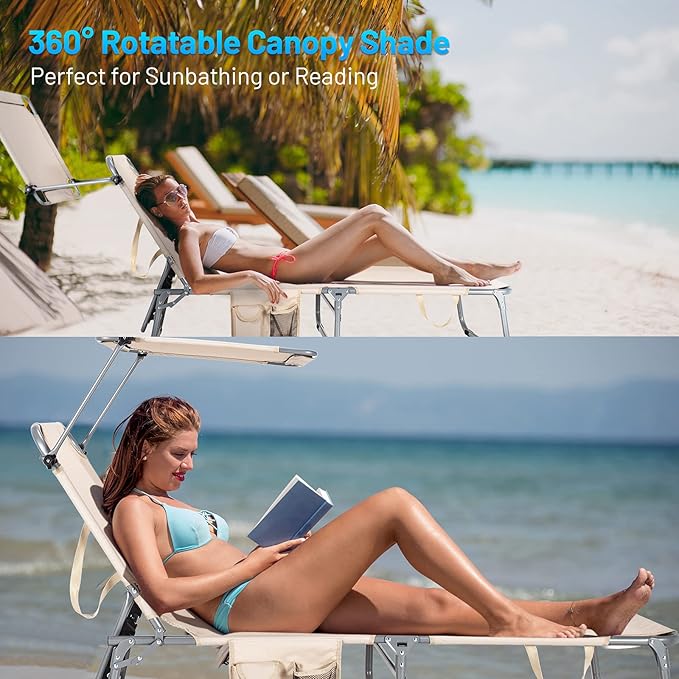 Giantex Outdoor Folding Chaise Lounge, Portable Tanning Chair with 5 Adjustable Positions, 360°Rotatable Canopy Shade - Photo 8