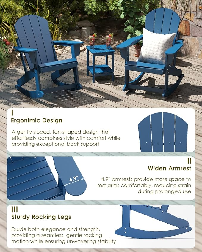 GREENVINES Adirondack-Rocking-Chairs | Set of 4 | HDPE Plastic | Porch Rocker Chair | for Outdoor Patio Deck | Weatherproof | Blue