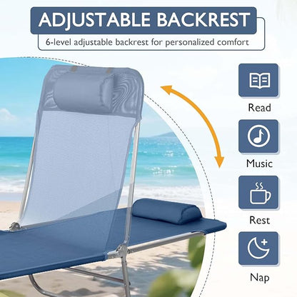 Folding Chaise Lounge Pool Chair, Patio Sun Tanning Chair, Outdoor Lounge Chair with 6-Position Reclining Back, Breathable Mesh Seat, and Headrest for Beach, Yard, Patio(Blue1)