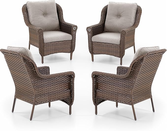 Patio Wicker Chairs Outdoor Furniture Chair - Set of 4 Outside All Weather Lawn Dining Brown Rattan Armchair with High - Photo 1
