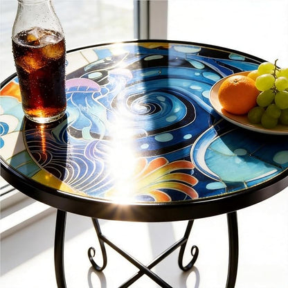 15 Inch Jellyfish Mosaic Side Table (1 PC) - Small Outdoor Round Folding Table with Weather-Resistant Metal Frame, Coastal Accent End Table for Patio, Garden, Balcony, Backyard