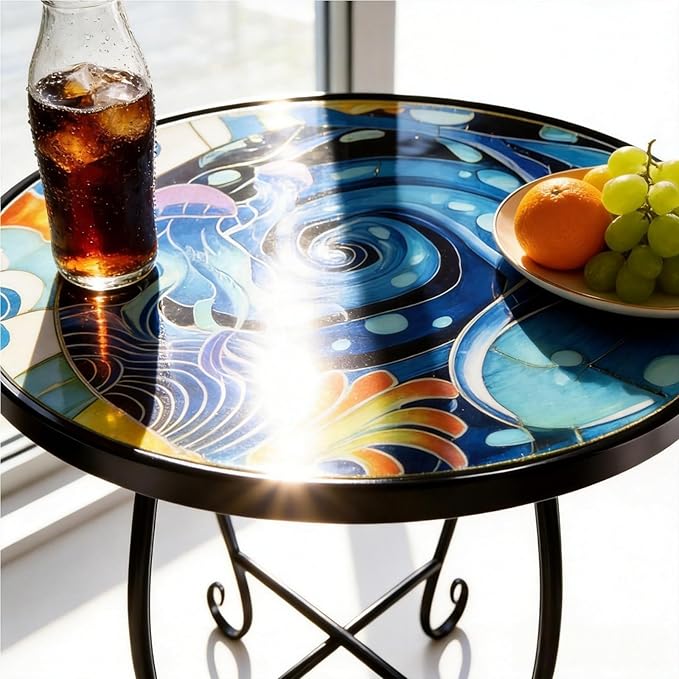 15 Inch Jellyfish Mosaic Side Tables (Set of 2) - Small Outdoor Round Folding Tables with Weather-Resistant Metal Frame - Photo 2