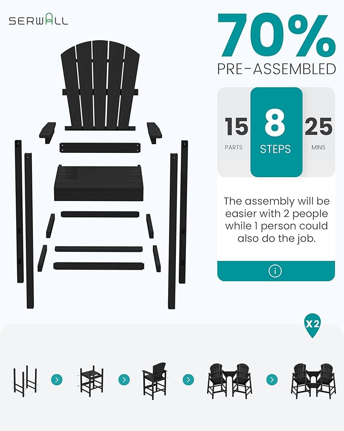 SERWALL Tall Adirondack Chairs Set of 2 with Double Layer Connecting Tray, HDPE Bar Height Outdoor Chairs - Photo 7