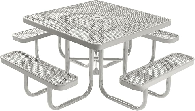 COATEDOUTDOORFURNITURE Heavy-Duty Portable Outdoor Picnic Table with Umbrella Hole, Expanded Metal Commercial-Grade Patio Furniture Made in America (46" Square Top, Grey with Grey Frames)