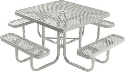 COATEDOUTDOORFURNITURE Heavy-Duty Portable Outdoor Picnic Table with Umbrella Hole, Expanded Metal Commercial-Grade Patio Furniture Made in America (46" Square Top, Grey with Grey Frames)