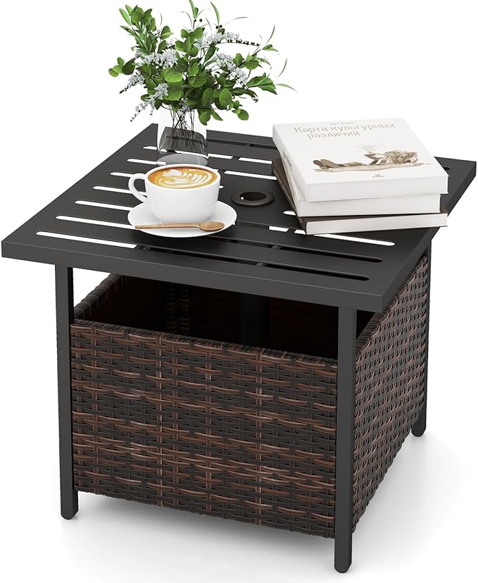Giantex Outdoor Side Table with Umbrella Hole, 22" Wicker Umbrella Stand Holder and Base, Weather-Resistant PE Rattan Patio End Table for Deck Garden Poolside (Metal Tabletop, Brown)