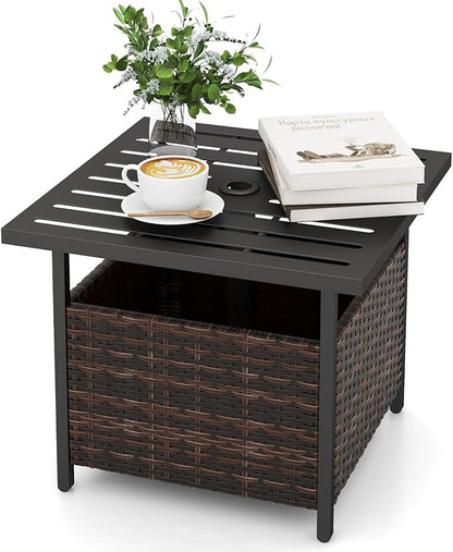 Giantex Outdoor Side Table with Umbrella Hole, 22" Wicker Umbrella Stand Holder and Base, Weather-Resistant PE Rattan Patio End Table for Deck Garden Poolside (Metal Tabletop, Brown)