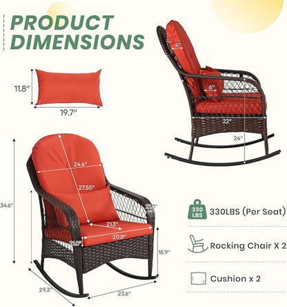 LVUYOYO Outdoor Wicker Rocking Chair of 2, Patio Rattan Rocker Chair with Cushions, Rocking Wicker Furniture Set for Deck, Porch, Garden, Backyard (Orange Red)