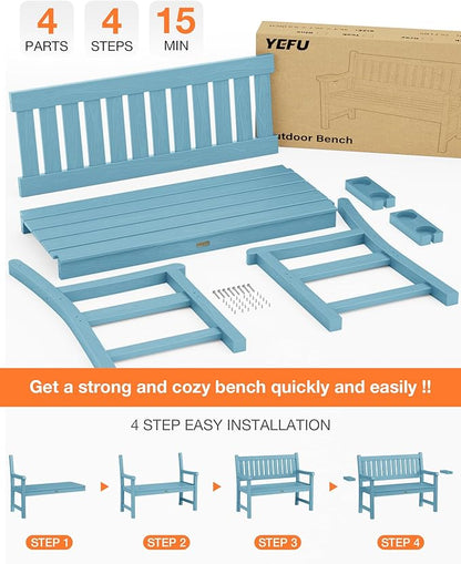 YEFU Outdoor Bench for Patio Waterproof: Heavy Duty 2-Person Garden Bench with 2 Cup Holders & Oversized Seating - HIPS Weatherproof Patio Benches for Front Porch Backyard Park, Blue