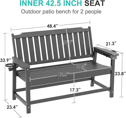 Outdoor Bench with Cup Holder All-Weather HDPE Fade Resistant Garden Bench 660 lbs Bearing 2-Seat Front Porch Furniture for Patio, Backyard,Park (Grey)