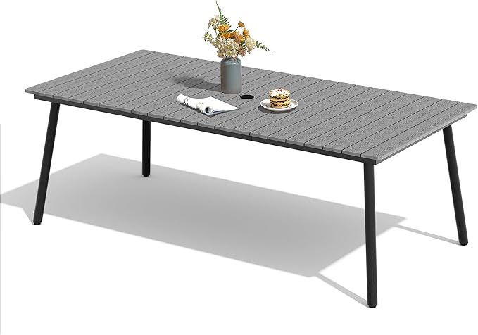 83" Patio Outdoor Dining Table for 6-8, Weather-Resistant Wood-Grain Top with Aluminum Frame & Umbrella Hole for Deck Gatherings, Dark Grey