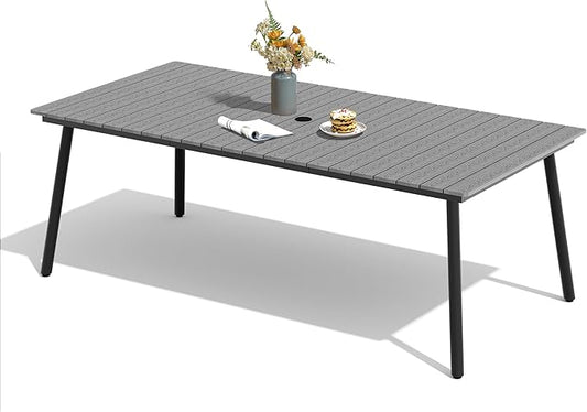 83" Patio Outdoor Dining Table for 6-8, Weather-Resistant Wood-Grain Top with Aluminum Frame & Umbrella Hole for Deck Gatherings, Dark Grey