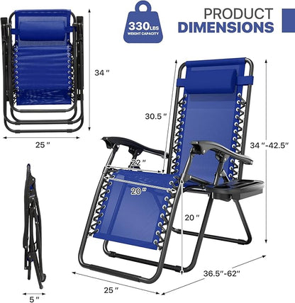 Magshion Zero Gravity Lounge Chair, Adjustable Folding Recliner with Cup Holder Side Tray & Removable Headrest Pillow, Portable Outdoor Patio Lounger for Camping, Beach, Lawn, Backyard, Blue