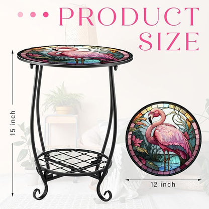 Outdoor Side Table Round Small Mosaic Patio Accent Indoor End Plant Coffee Tea Table for Yard Patio Porch Garden Living Room, Bedroom(Flamingo Style,12 Inch)