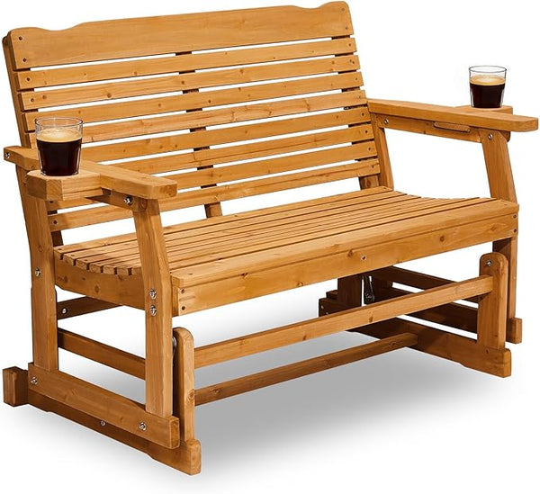 Outvita Patio Glider with Cup Holders, Wooden Outdoor Glider Bench with High Roll Back & Deep Contoured Seat - Photo 1