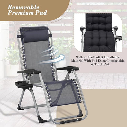 Athena Collection 3 in 1 Patio Lounge Chair Foldable Camping Chair with Headrest Chaise Lounge Nap Chair with Removable Thick Cushion Reclining Beach Sleeping Chair for Indoor and Outdoor, Blue