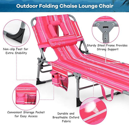COSTWAY Folding Beach Lounge Chair, Tanning Chair with Face Hole, 5-Position Adjustable Backrest, Pillow & Side Pocket, Foldable Chaise Lounge Chair Outdoor for Sunbathing, Camping (1, Pink+White)