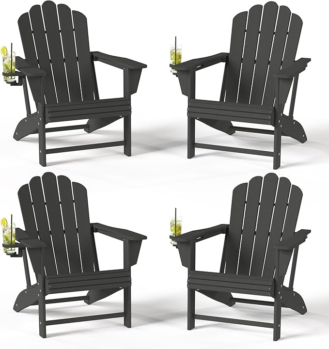 Costaelm Lakeview Outdoor Patio HDPE Adirondack Chairs with Cup Holders (Set of 4), Gray