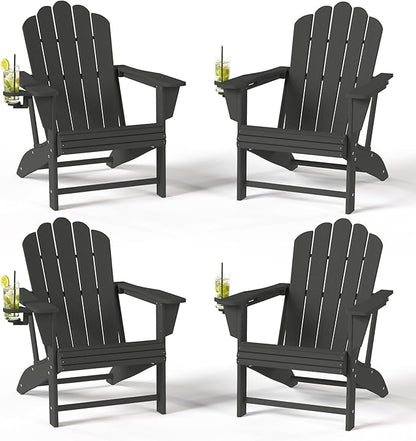 Costaelm Lakeview Outdoor Patio HDPE Adirondack Chairs with Cup Holders (Set of 4), Gray