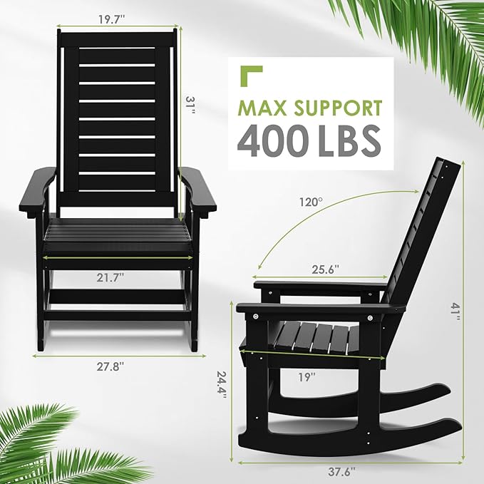 GREENVINES Outdoor Rocking Chairs | Set of 4 | Porch Rocker | HDPE Plastic | Black | Oversized Rockers | High Back - Photo 3