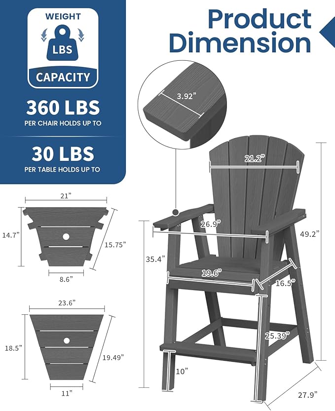 Ciokea Tall Adirondack Chairs Set of 2, HDPE Outdoor Adirondack Bar Stools with Double Connecting Tray, Weather Resistant High Back Adirondack Balcony Chairs for Deck, Lawn, Pool, Backyard, Dark Gray