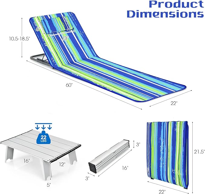 Tangkula 3-Piece Beach Chairs Set for Adults, Lightweight Lawn Lounge Chairs with 5 Adjustable Recline Positions, Zipper Pocket, Backpack 2 Pack with Folding Side Table (Stripe)