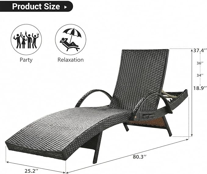 Wicker Outdoor Lounge Chairs with Pull Out Side Table, Pool Lounge Chairs Set of 6, Rattan Outdoor Lounger, Adjustable Backrest Patio Chaise Lounges for Garden, Backyard, Tanning Chair, Dark Brown