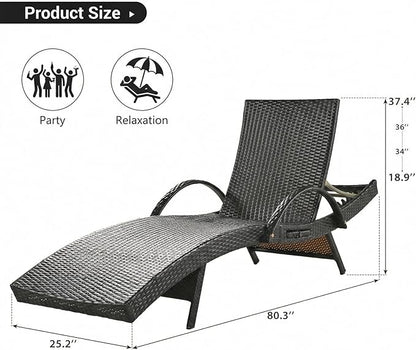 Wicker Outdoor Lounge Chairs with Pull Out Side Table, Pool Lounge Chairs Set of 2, Rattan Outdoor Lounger, Adjustable Backrest Patio Chaise Lounges for Garden, Backyard, Tanning Chair, Dark Brown