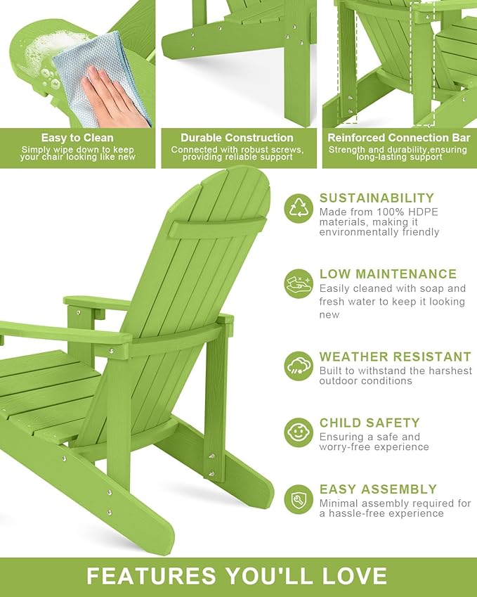 Y&M Adirondack Chair Set of 2, Lime Fire Pit Chairs, Outdoor Patio Chairs with Cup Holder, Weather Resistant HDPE Wooden Textured Patio Chairs, Perfect for Garden, Lawn, Deck, or Poolside