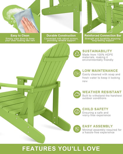 Y&M Adirondack Chair Set of 4, Lime Fire Pit Chairs, Outdoor Patio Chairs with Cup Holder, Weather Resistant HDPE Wooden Textured Patio Chairs, Perfect for Garden, Lawn, Deck, or Poolside