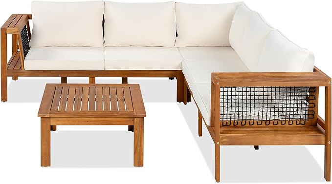 Outdoor L-Shaped Sofa Furniture Set with Coffee Table, Woven Mesh Armrests and Side Table - Photo 6
