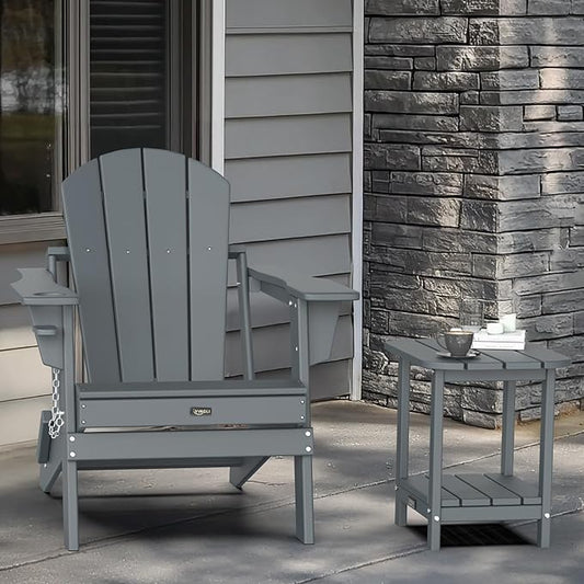 VINGLI Outdoor Side Table, 2-Tier HDPE Adirondack Side Table with Storage, Weather-Resistant Patio End Table for Backyard, Pool, Deck, Indoor Use (Grey)