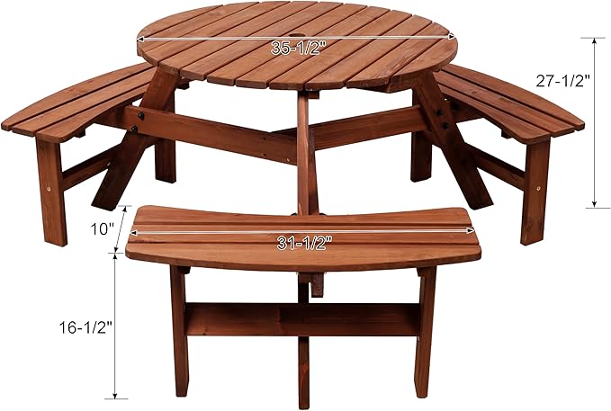 Wooden Picnic Table,Outdoor Wooden Dining Rectangle Table w/Umbrella Hole,for Patio,Garden,Backyard - Photo 2