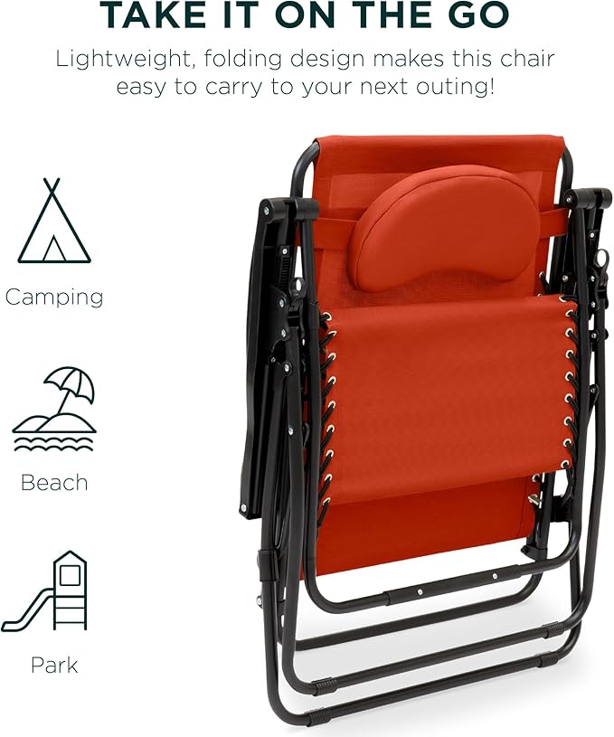 Best Choice Products Oversized Zero Gravity Chair, Folding Outdoor Patio Lounge Recliner w/Cup Holder Accessory Tray, Pillow - Burnt Orange