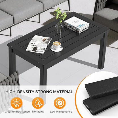 VINGLI Outdoor Coffee Table, HDPE Patio Coffee Table for Outside, All-Weather Rectangle Coffee Table for Deck, Garden, Balcony, Porch, Indoor & Outdoor Use (Black)