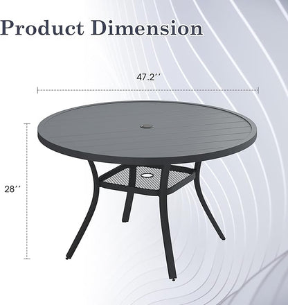 47.2" Patio Dining Table for 6, Round Outdoor Metal Dining Table with Umbrella Hole for Lawn Garden Backyard, Dark Grey