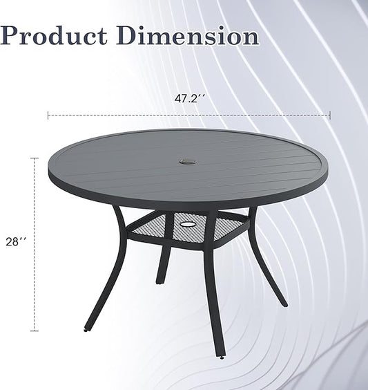 47.2" Patio Dining Table for 6, Round Outdoor Metal Dining Table with Umbrella Hole for Lawn Garden Backyard, Dark Grey