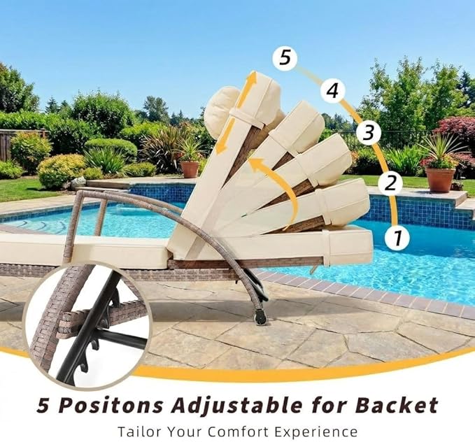 Outdoor Chaise Lounge Set of 2, 5-Position Adjustable PE Wicker Reclining Chairs with Wheels & 3.5" Cushions, 400 lbs Capacity All-Weather Patio Furniture for Poolside, Garden, Beach(Beige)