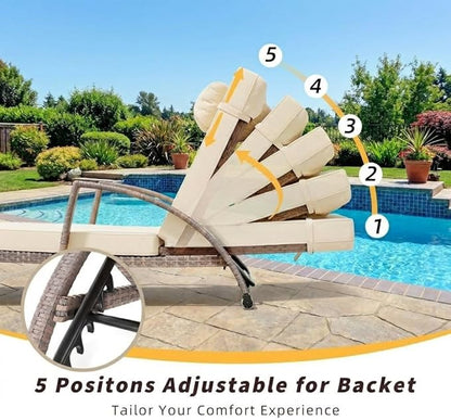 Outdoor Chaise Lounge Set of 2, 5-Position Adjustable PE Wicker Reclining Chairs with Wheels & 3.5" Cushions, 400 lbs Capacity All-Weather Patio Furniture for Poolside, Garden, Beach(Beige)