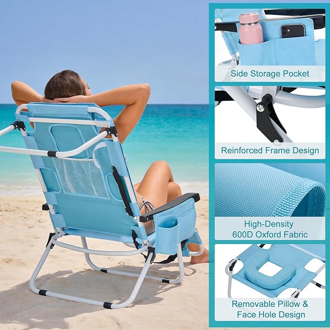 ABORON Tanning Chair with Face Hole, 5-Position Adjustable Reclining Beach Lounge Chair - Photo 8