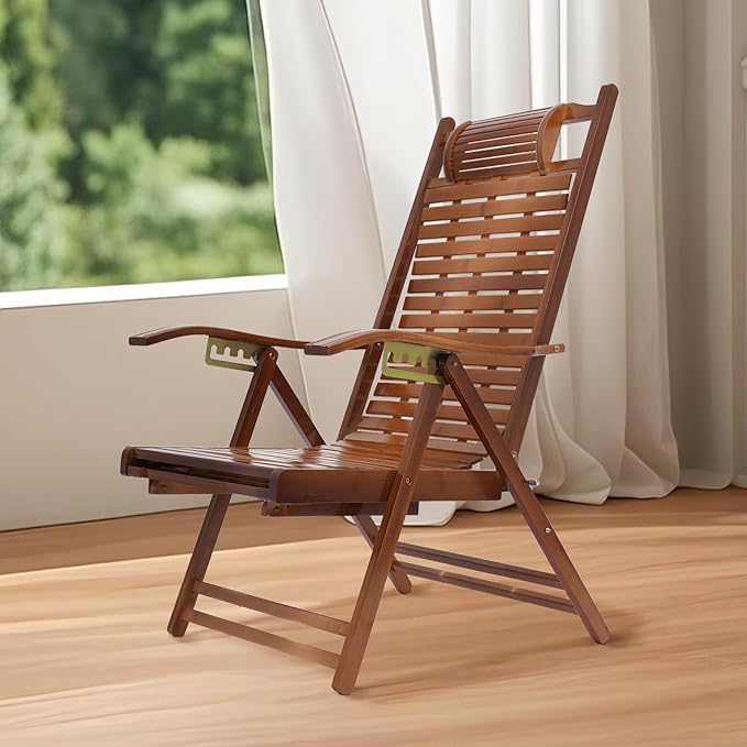 Foldable Bamboo Lounger Chair, Adjustable Back Patio Reclining Chair with Massage Hammer, Foldable Outdoor Chaise Lounge Chair for Backyard Yard Pool Beach Load Capacity 440Lbs