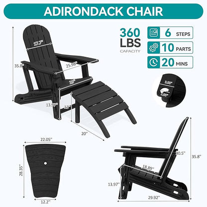 Vongrasig Adirondack Chairs Set of 2 with Removable Tabletop and Footrest, All-Weather HDPE Outdoor Chair Set with Wooden Textured, Cup Holder for Patio, Poolside, Deck, Garden, Black