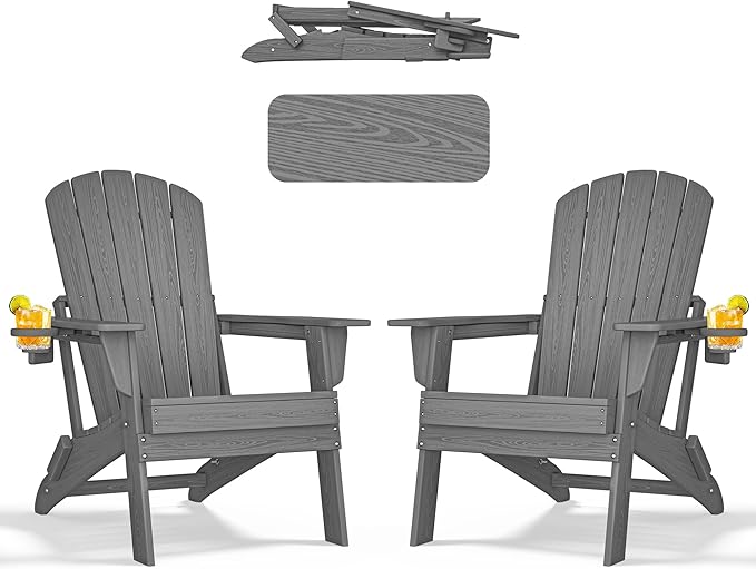 nevilywood HDPE Foldable Fire Pit Chairs Set of 2 with Cup Holders, Durable Faux Wood Look, Perfect for Patio, Backyard & Outdoor Gatherings, Grey